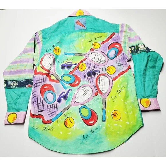 VTG 80s Encore By Silkscapes Hand Painted Tennis Button Up Shacket Size Small P - Picture 2 of 15